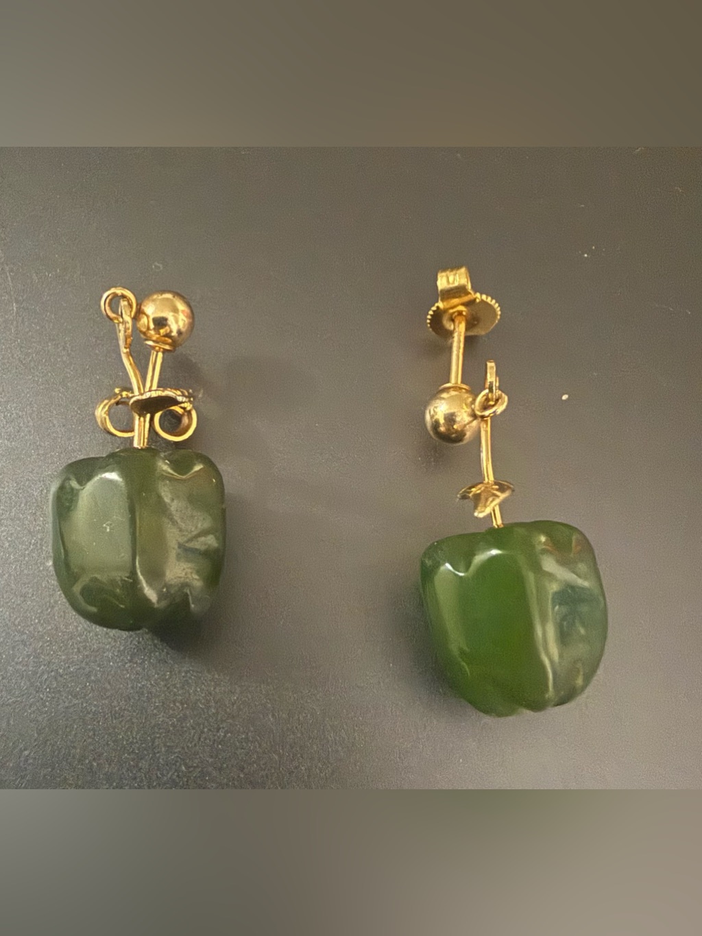 Vintage 12k Yellow Gold Jade Drop Earrings Pair
